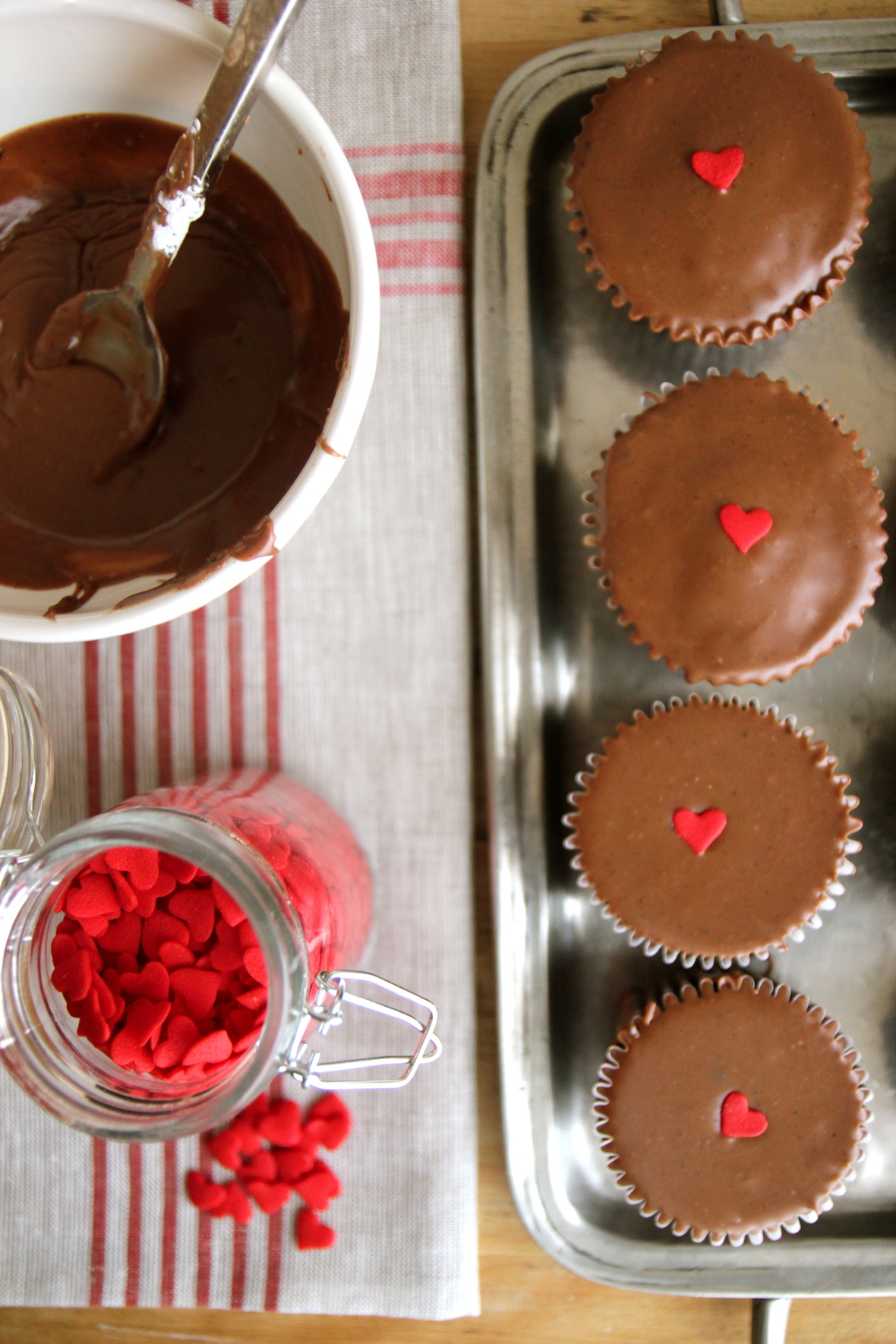 Milk Chocolate Glaze on Chocolate Ganache Cupcakes Giant Heart Sprinkles