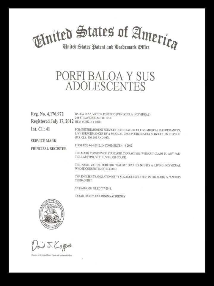 CERTIFICADO DE PROPIEDAD DE NOMBRE. PORFI BALOA ES EL ÚNICO DUEÑO DE LA MARCA