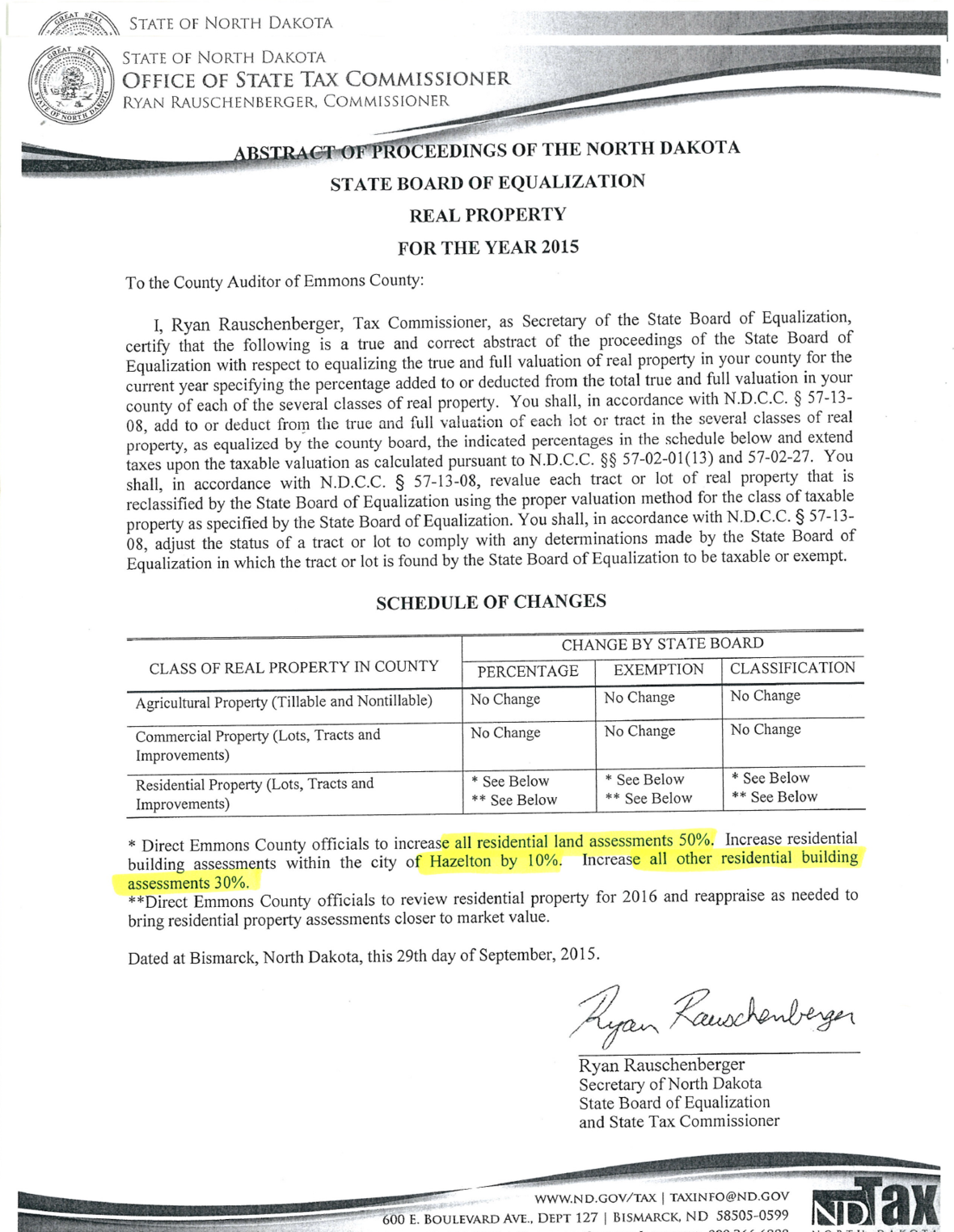 State Orders Emmons County to Increase Property Values