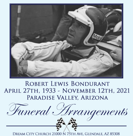 Bob Bondurant Funeral Service Livestream Saturday December 4, 10AM MST USA