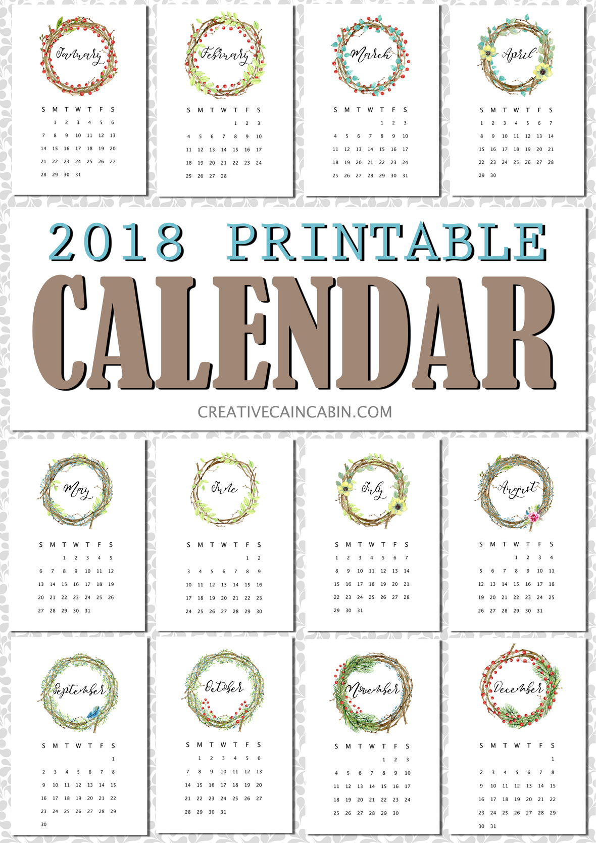 2018 Printable Calendar, Christmas Cabin, DIY Christmas Gift Idea