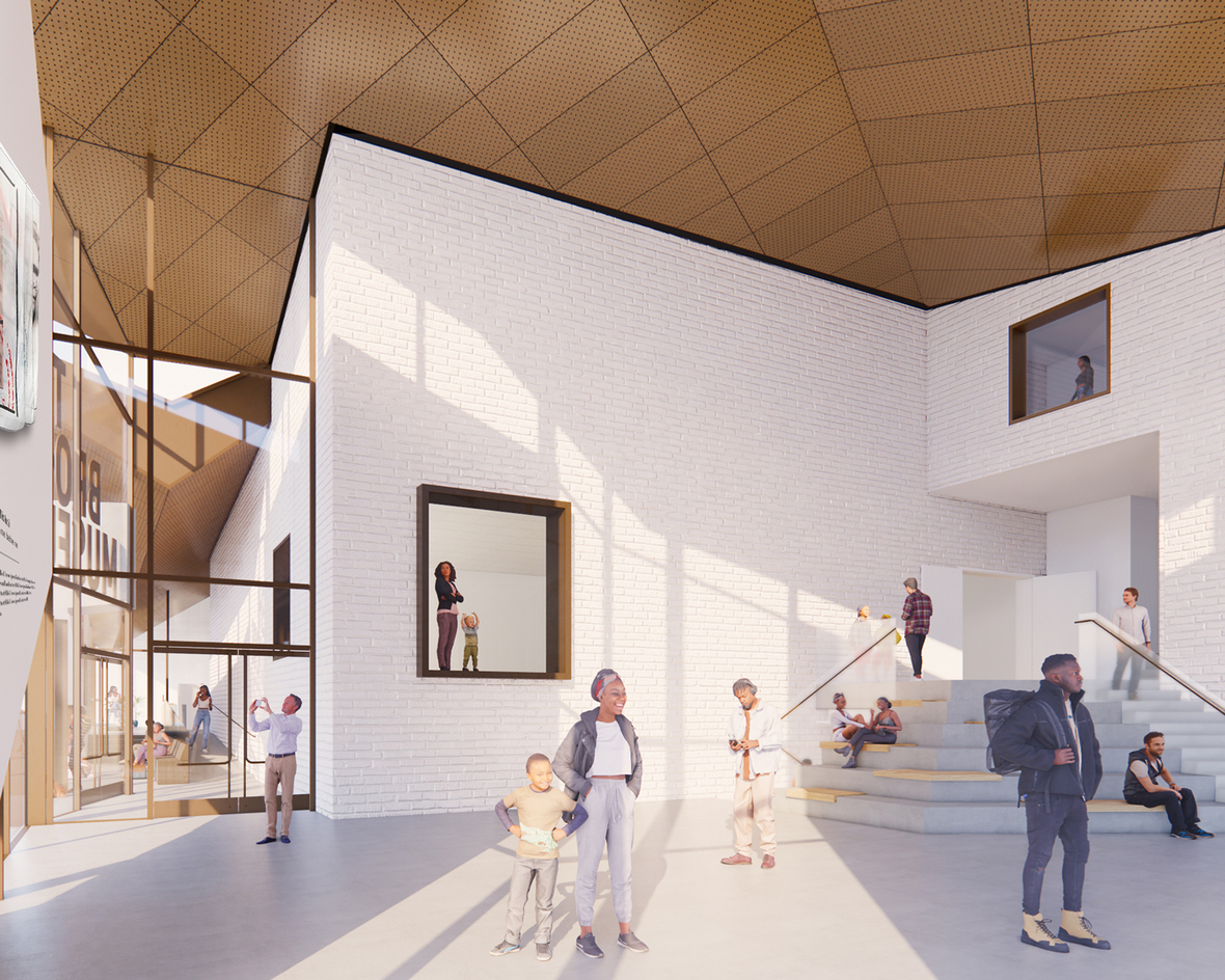 Renders of the interior of The Bronx Museums new lobby 1. Courtesy of Marvel.