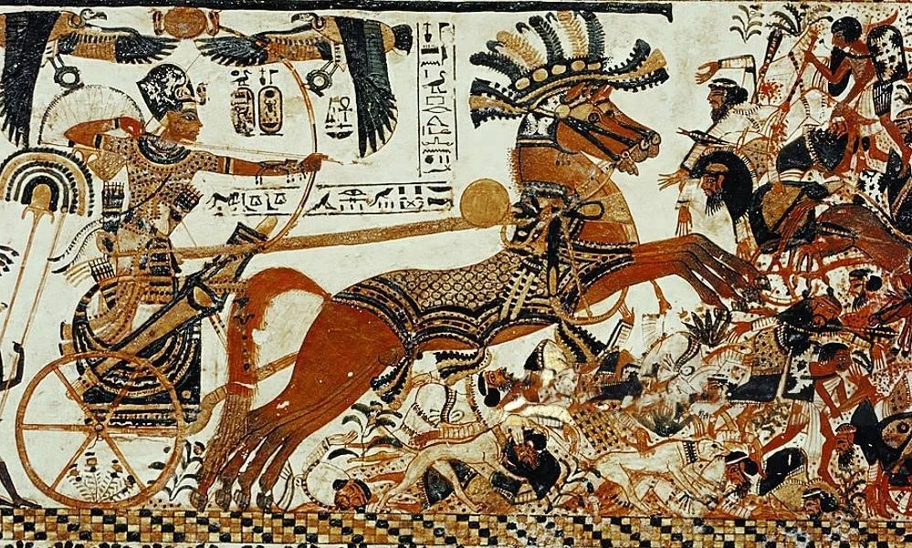 The Egyptian Pharaoh Ramses II with his horse at war