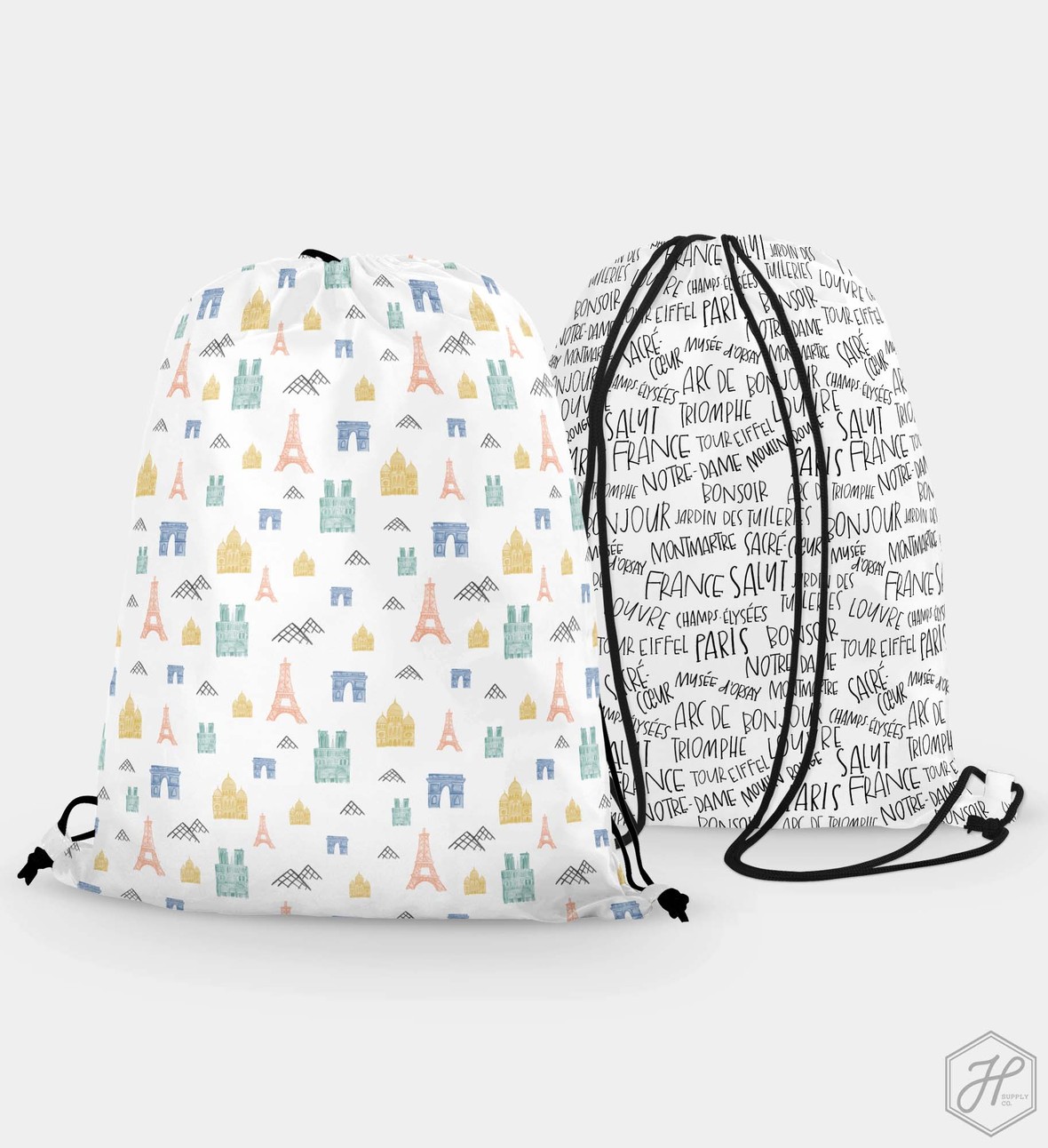 Two Drawstring Bags Lettered and Map