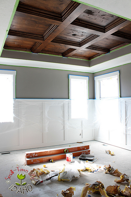 Diy Wood Coffered Ceiling How To Whitewash A Plank Wall And Ceiling